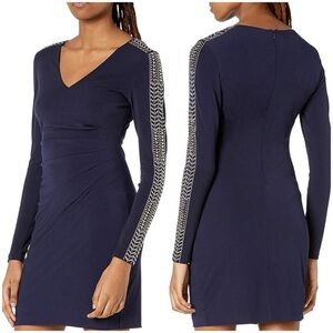NWT – GUESS – Studed Ruched Bodycon Jersey Dress. Navy. Embellished. Size: 6.